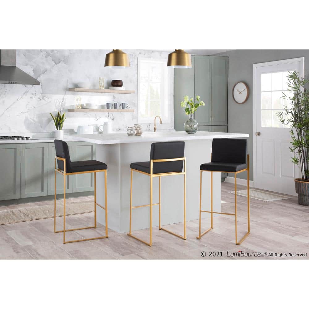 Fuji High Back Gold Steel and Black Faux Leather Bar Stools