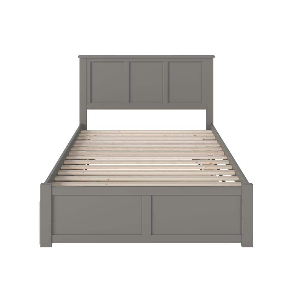 Grey Full Platform Bed with Wood Headboard and Trundle