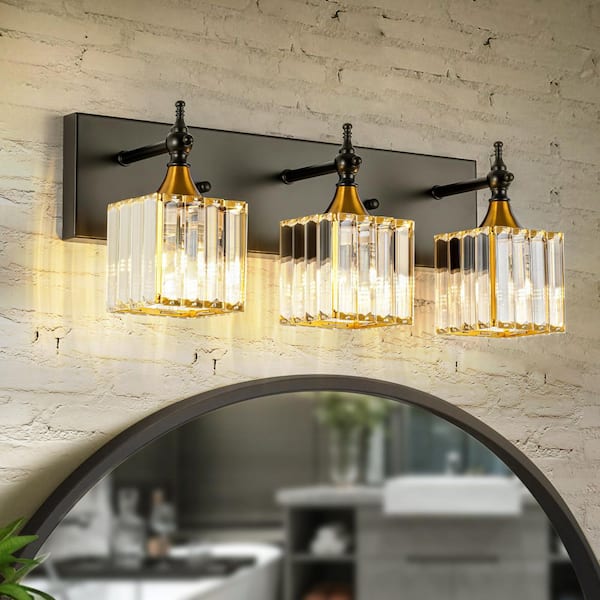 RRTYO Umera 19.2 in. 3-Light Modern Vintage Antique Bronze Square Bathroom Vanity Light with Crystal Shade