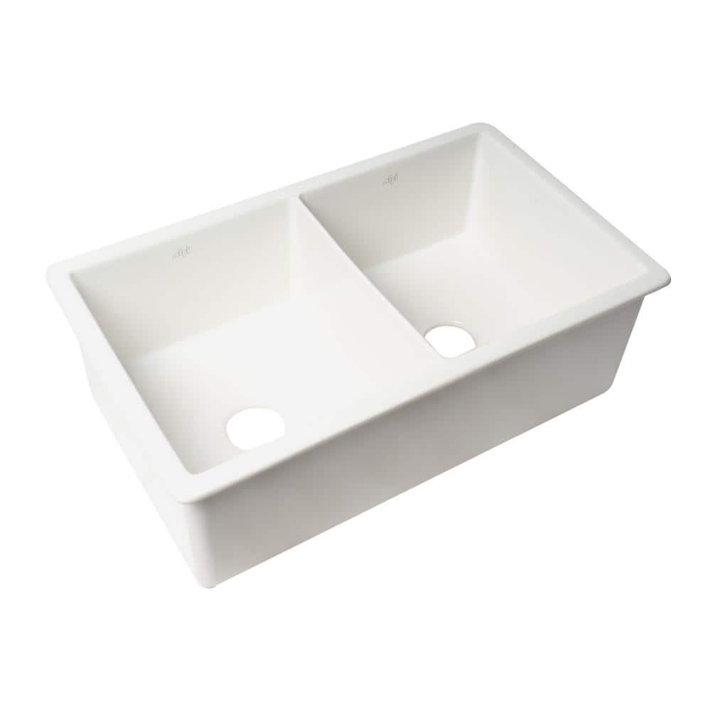 White 32" Double Bowl Fireclay Farmhouse Drop-In Sink