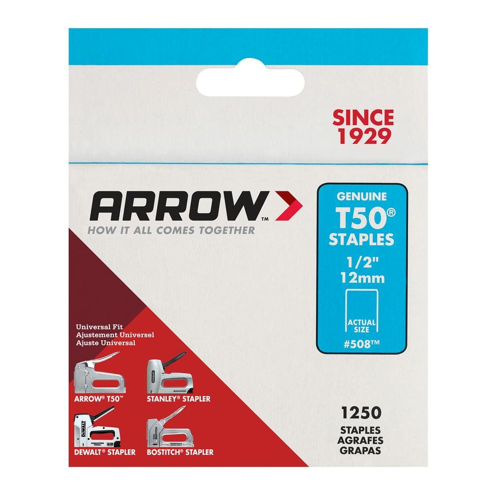 Arrow T50 1/2" Leg Length Galvanized Steel Staples, 1250-Pack