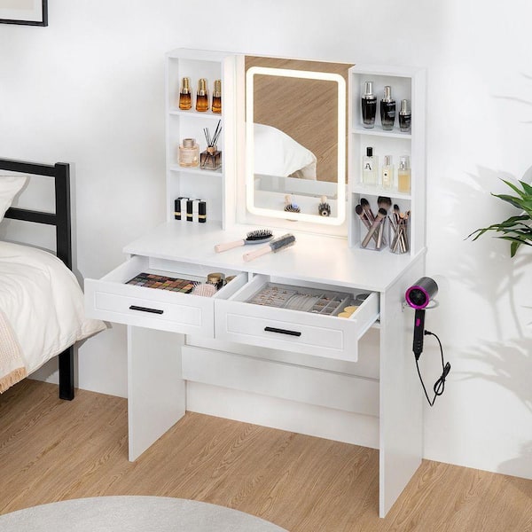 White Makeup Vanity Desk with 3-Colors LED Lighted Mirror and Power Outlet