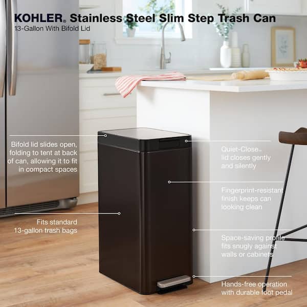 KOHLER 13 Gal. Stainless Steel Slim Step Metal Household Track Can