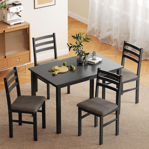 5-Piece Dining Table (Set for 4) Farmhouse Kitchen Table Set with 4 Upholstered Padded Chairs, Breakfast Nook, Black