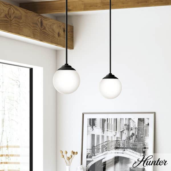 Hunter Hepburn 1-Light Matte Black Island Mini Pendant Light with Cased White Glass Shade