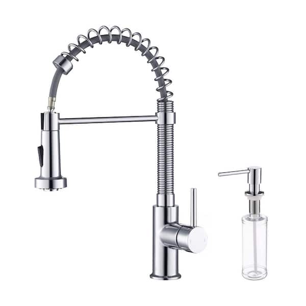 KIBI 17 in. H Single Hole 1.8 GPM Pull Down Sprayer Kitchen Faucet with 360° Spout Swivel, Soap Dispenser in Chrome