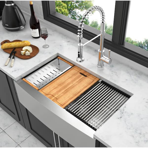 Staykiwi 30 in. Farmhouse/Apron-Front Single Bowl 16-Gauge Brushed Nickel Stainless Steel Kitchen Sink with Workstation