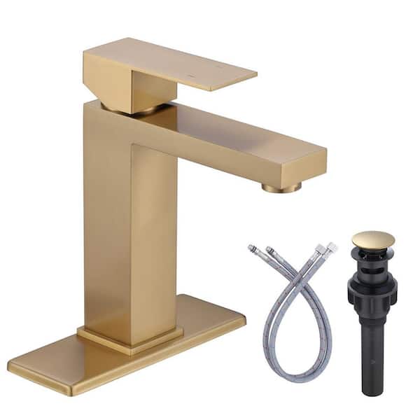 ARCORA Single-Handle Single-Hole Bathroom Faucet with Deck Plate and Pop Up Drain in Gold