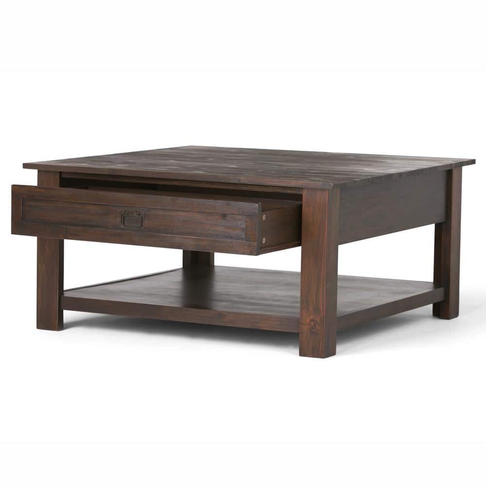 Rustic Acacia Wood Square Coffee Table with Storage in Charcoal Brown