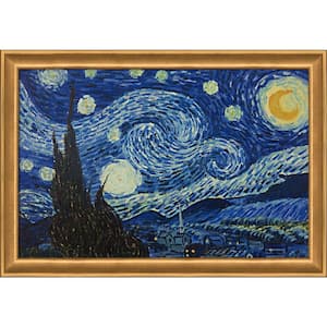 Starry Night By Vincent Van Gogh Muted Gold Glow Framed Astronomy Oil Painting Art Print 28 in. x 40 in.