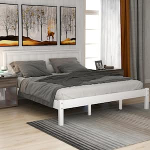 Modern White Wood Frame Queen Size Platform Bed with Headboard, Solid Wood Legs and Support Slats