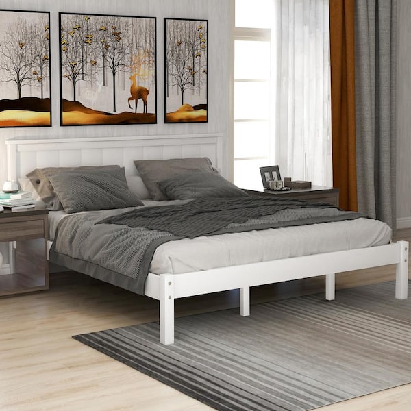 Harper & Bright Designs Modern White Wood Frame Queen Size Platform Bed with Headboard, Solid Wood Legs and Support Slats