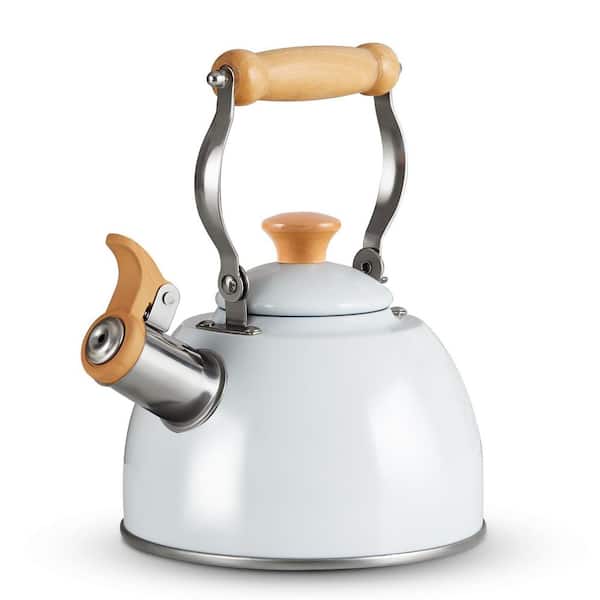 7-Cup White Stainless Steel Stovetop Whistling Tea Kettle with Pour Spout and Cool Touch Ergonomic Handle