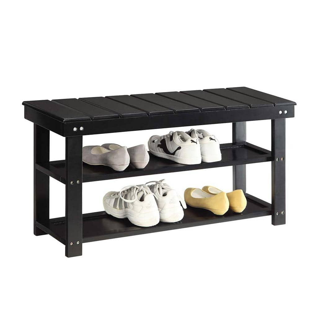 Black Wood Utility Bench with Storage Shelves