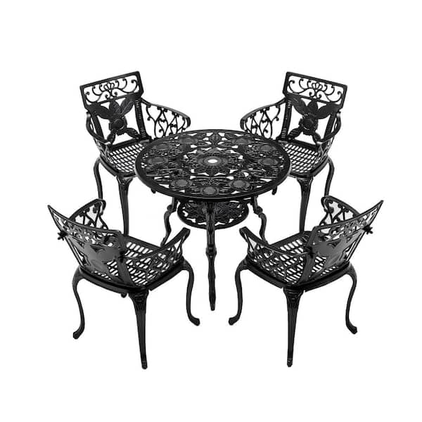 HOMEFUN Black 5-Piece Aluminum Sunflower Outdoor Patio Dining Set with 4 Chairs and Umbrella Hole