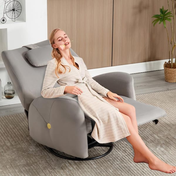 33.9 in. W Grey Swivel and Rocker Power Recliner Chair with Lumbar and Neck Support, USB and Type-C Ports
