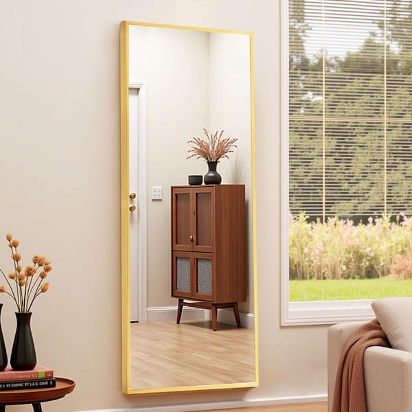 64 in. x 21 in. Full Length Rectangular Wall Mount Bathroom Vanity Mirror with Stand Aluminum Alloy Thin Frame in Gold