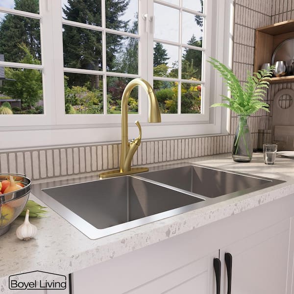 Stainless Steel Single Handle Pull Down Sprayer Kitchen Faucet with 3-Spray Patterns and Deck Plate in Brushed Gold