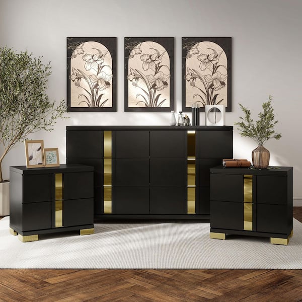 black and gold dresser set Pepe Black/Gold Panel Upholstered Bedroom Set B9290 – Harwin Furniture main image 1