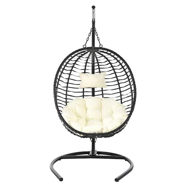 6.5 ft. Black Wicker U_Style Outdoor Folding Hanging Egg Chair with Stand, Adjustable Anti-Slip Feet & Beige Cushion