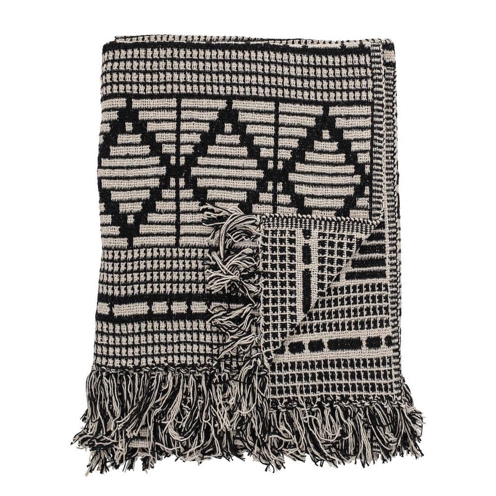 Bloomingville Black & Beige Diamond-Patterned Cotton Blend Throw with Fringe