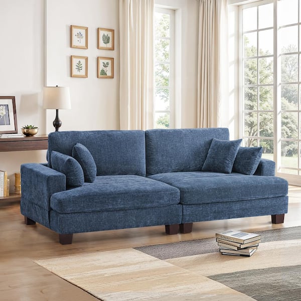 LUE BONA Blanca 88 in.Modern Rectangle LoveSeat Blue Chenille Tufted Upholstered Triple Lounge Square Arm Sofa with 4-Cushion