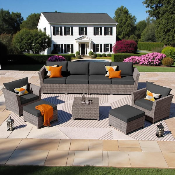 Rose 9-Pieces Wicker Patio Conversation Seating Sofa Set with Black Cushions
