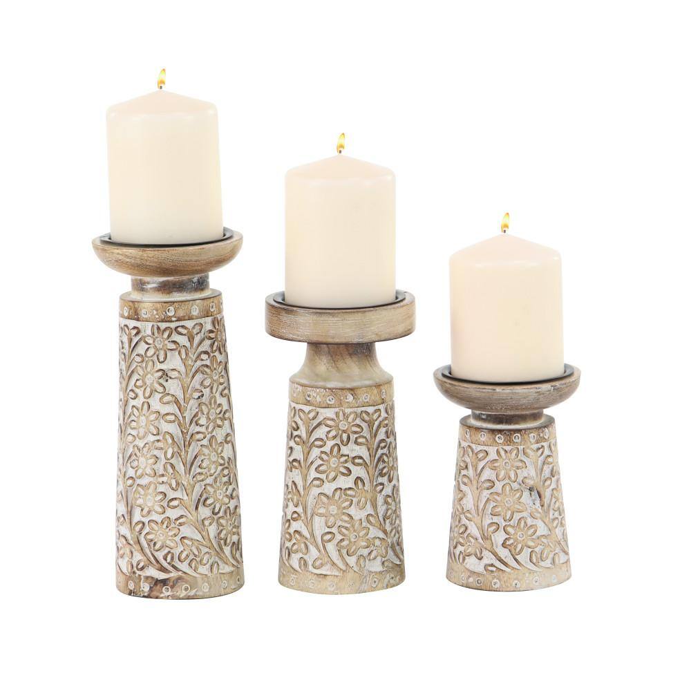 Coastal Charm Mango Wood Carved Pillar Candle Holders, Set of 3