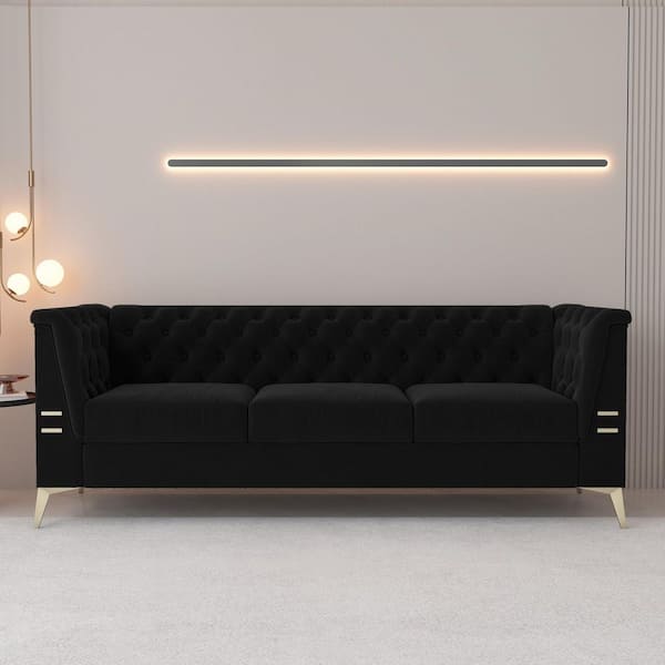 Seafuloy 82in.W Square Arm Velvet Tufting Straight 3-Seat Sofa with Metal Legs in Black