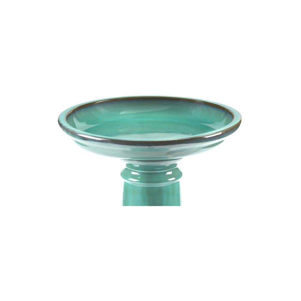 Minty Teal Ceramic Traditional Birdbath with Leaf Motif