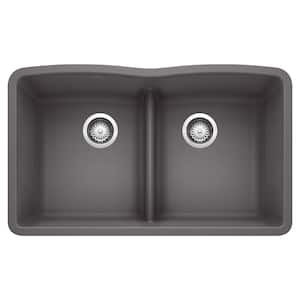 Diamond Undermount Granite 32 in. x 19.25 in. 50/50 Double Bowl Kitchen Sink in Cinder