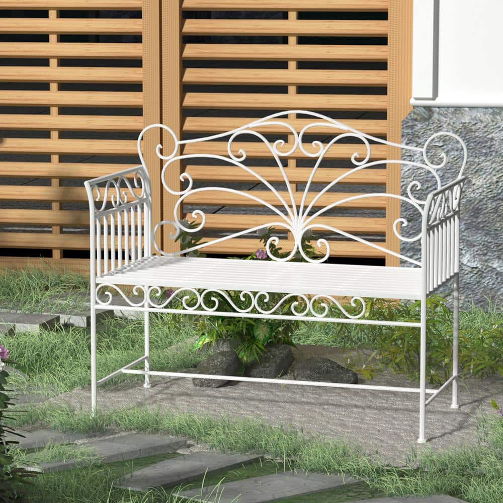 Cream White 43" Iron Two-Seater Garden Bench