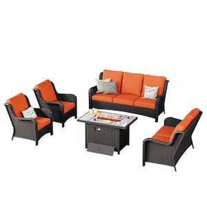 Joyoung Brown 5-Piece Wicker Patio Rectangle Fire Pit Conversation Seating Set with Orange Red Cushions