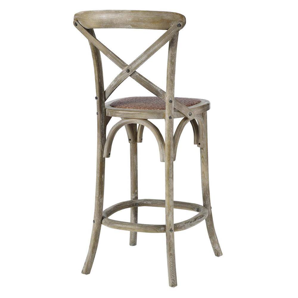 Farmhouse Charm Gray Elm Wood Counter Stool with Woven Rattan Seat