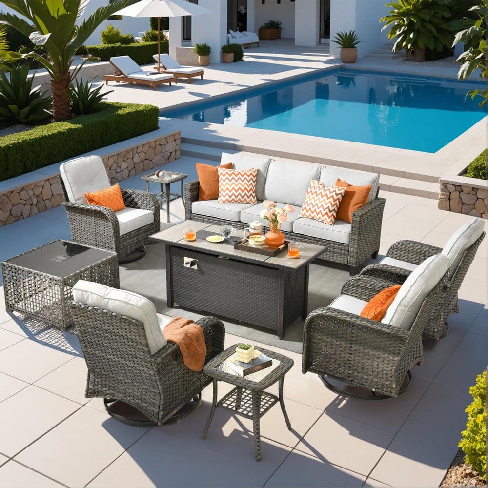 Nvelyn Gray 9-Piece Wicker Patio Rectangle Fire Pit Conversation Set with Gray Cushions and Solar LED Coffee Table price history on PriceWatchPro