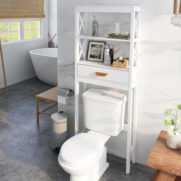 Over-the-Toilet Storage Cabinet 24 in. W x 8 in. D x 65 in. H Bathroom Storage Wall Cabinet in White 2-Tier Toilet Stand