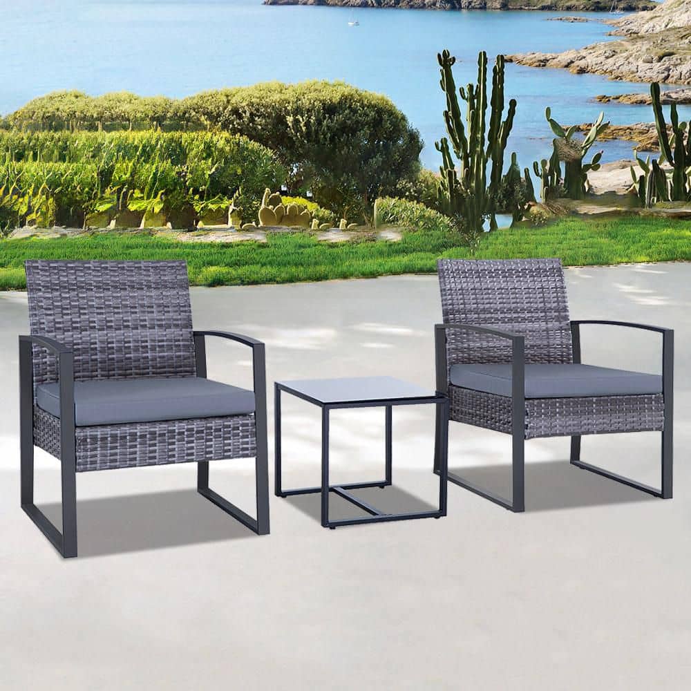 3-Piece Patio Furniture Set, Gray Wicker Square Table Outdoor Bistro Set wi