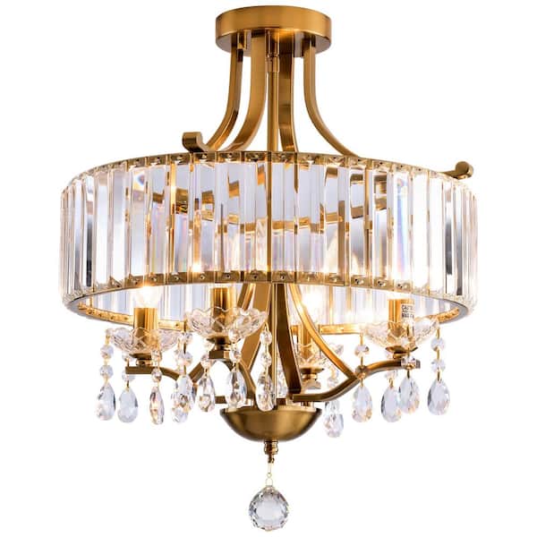 Maxax Jackson 16.5 in. 4-Light Classic Glam Brass Flush Mount with Crystal Pendant Accent