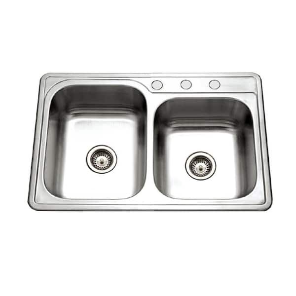 HOUZER Glowtone Series Drop-In Stainless Steel 33 in. 3-Hole Double Bowl Kitchen Sink