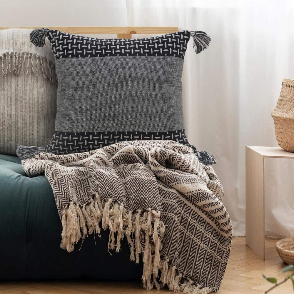 LR Home Interwoven Dash 20" Square Black/White Cotton Throw Pillow with Tassels