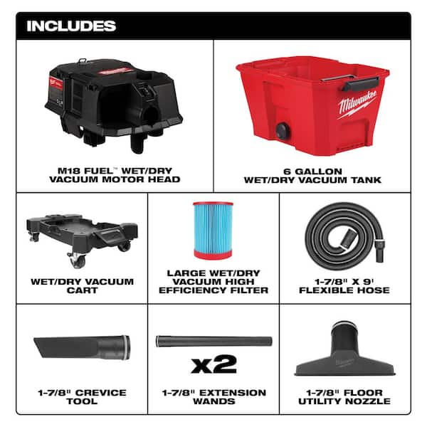 M18 FUEL 6 Gal. Cordless Wet/Dry Shop Vacuum W/Filter, Hose, Accessories and M18 8.0 Ah Battery and Rapid Charger Kit