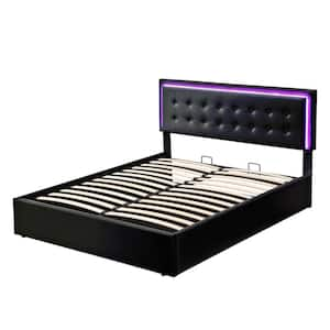 Button-Tufted Black Wood Frame Queen Size PU Leather Upholstered Platform Bed with Hydraulic Storage System, LED Lights