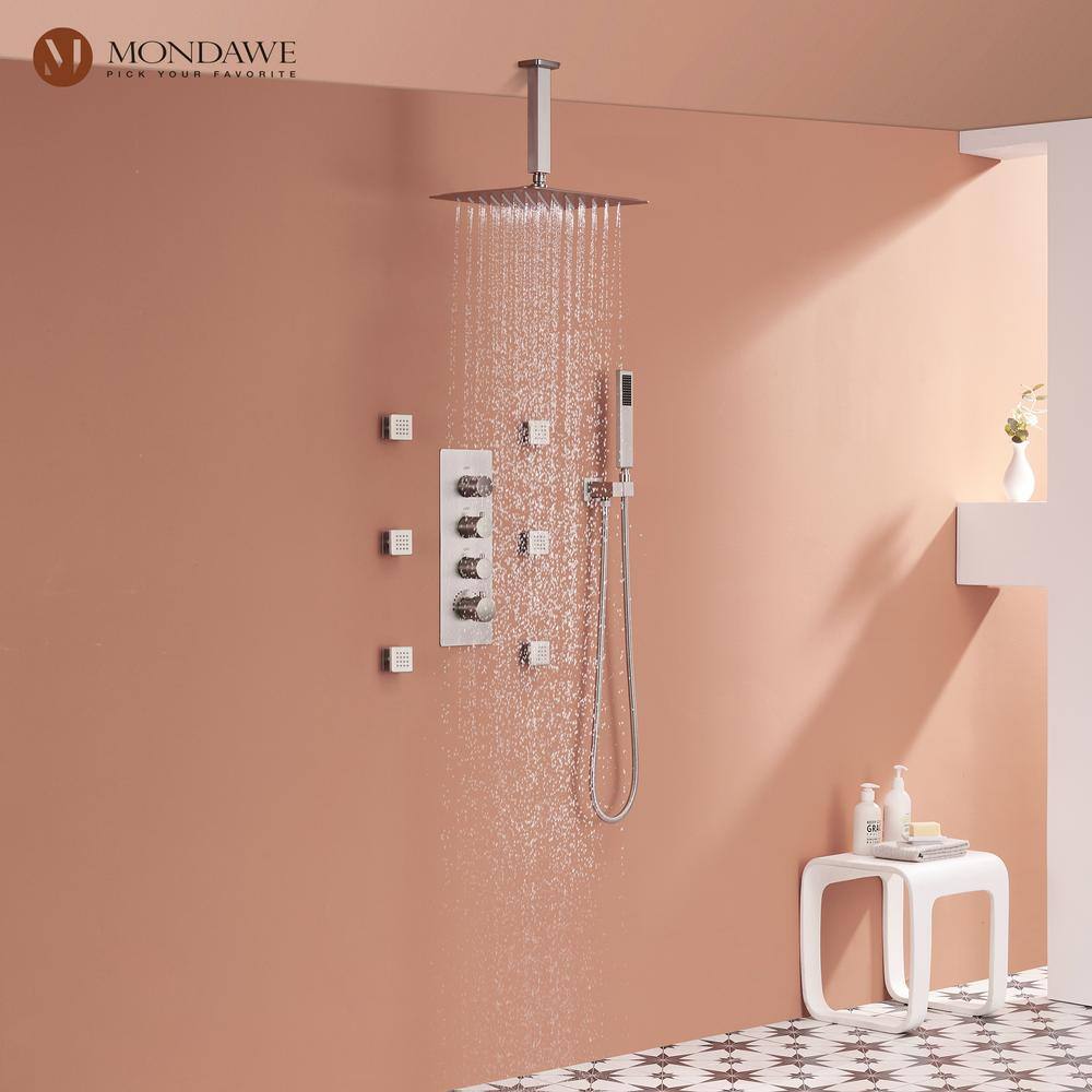 Brushed Nickel Ceiling Mounted Rain Shower System with Handheld and Body Jets