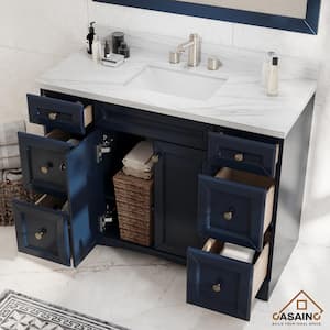48 in. W x 22 in. D x 35.4 in. H Single Sink Solid Wood Bath Vanity in Navyblue with White Natural Marble Top and Mirror