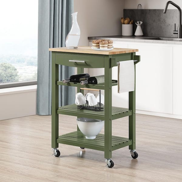 Ellaine Dark Sage Green Butcher Block Kitchen Cart with Drawer and Wine Rack