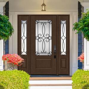 Regency 64 in. x 80 in. 3/4Lite Georgian Decorative Glass LHIS Hickory Mahogany Fiberglass Prehung Front Door w/12in.SLs