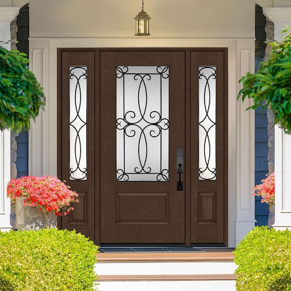Regency 64 in. x 80 in. 3/4Lite Georgian Decorative Glass RHOS Hickory Mahogany Fiberglass Prehung Front Door w/12in.SLs