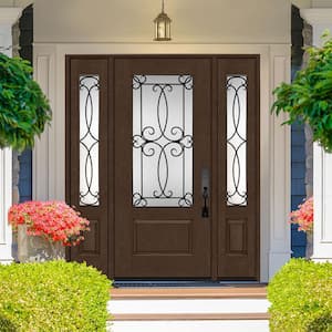 Regency 68 in. x 96 in. 3/4Lite Georgian Decorative Glass RHOS Hickry Mahogny Fiberglass Prehung Front Door w/Dbl14in.SL