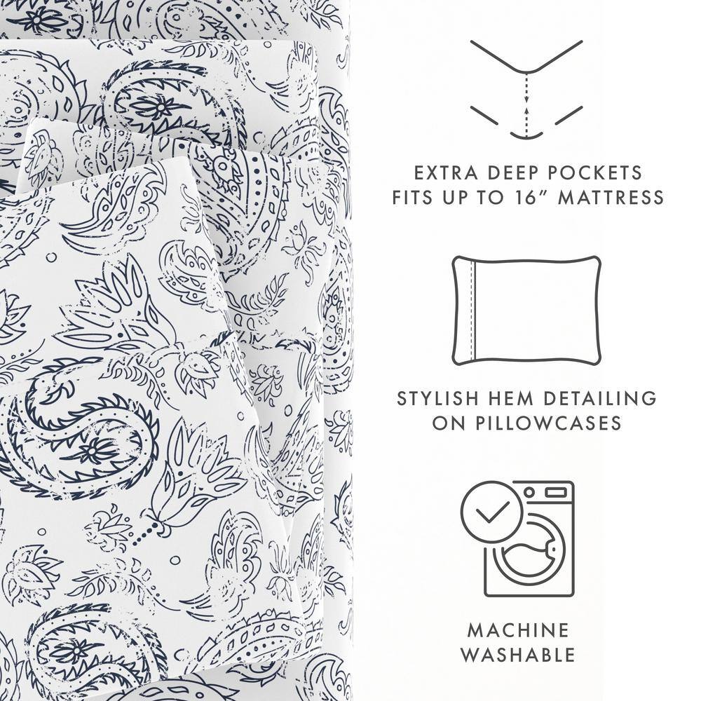 Navy Floral Microfiber Full Sheet Set with Deep Pockets