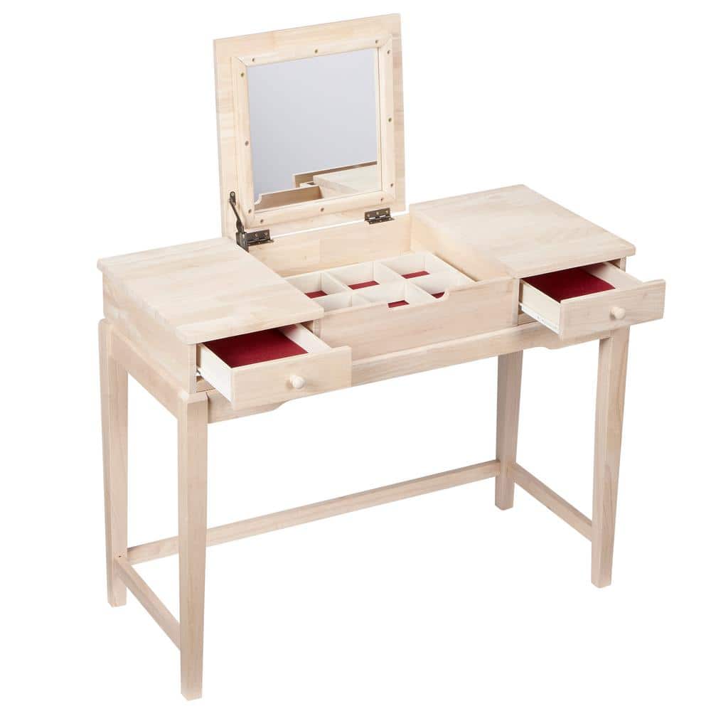 Classic Unfinished Rubberwood Vanity Table with Flip-Up Mirror